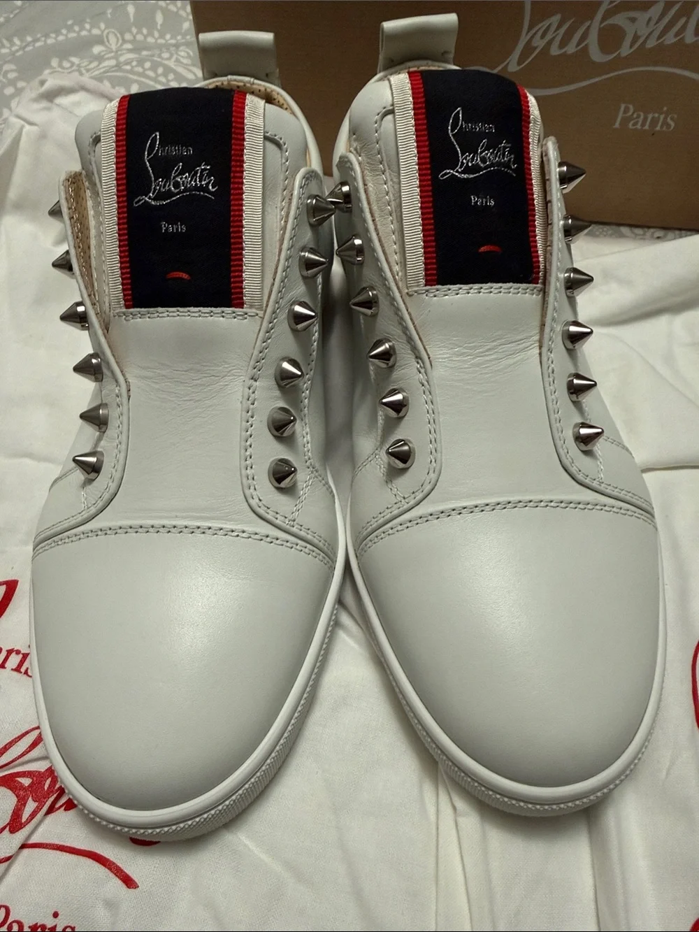Christian Louboutin Men’s White Leather Spike-Trim Low-Top Sneakers